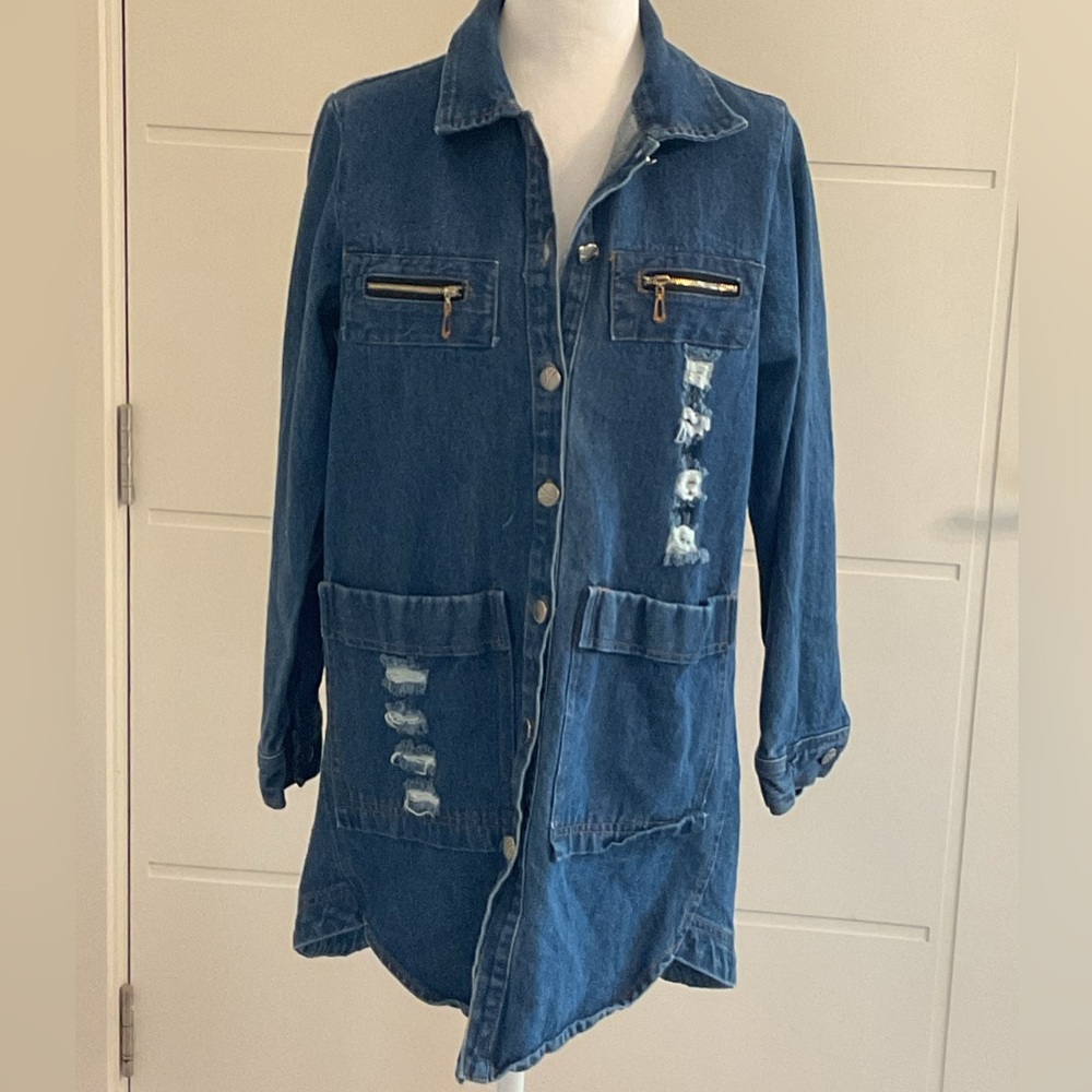 *****Stylish Long Blue Denim Jacket with Distressed Accents